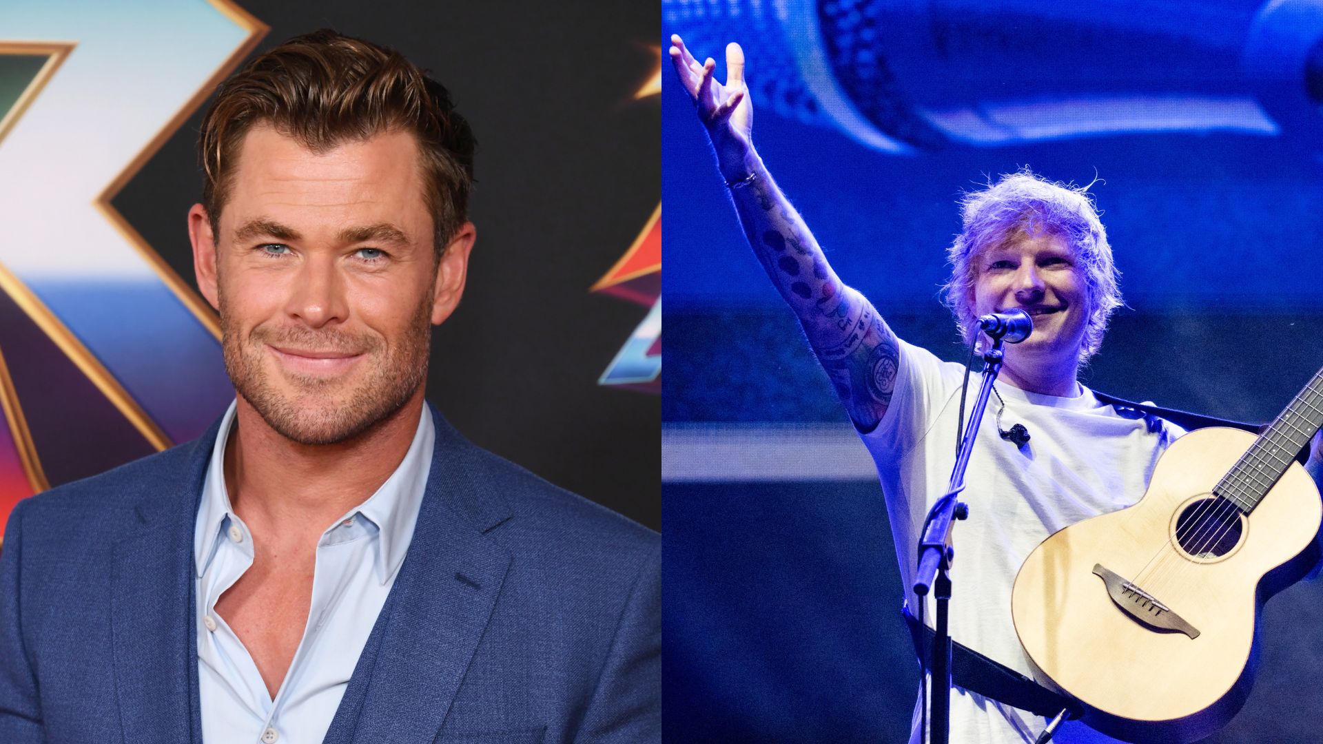 Rechts: Ed Sheeran tritt während des Benefizkonzerts der Heart and Armor Foundation im The Wiltern am 19. September 2023 in Los Angeles auf; Links: Chris Hemsworth besucht die Marvel Studios „Thor: Love And Thunder“ Los Angeles Premiere im El Capitan Theatre am 23. Juni 2022