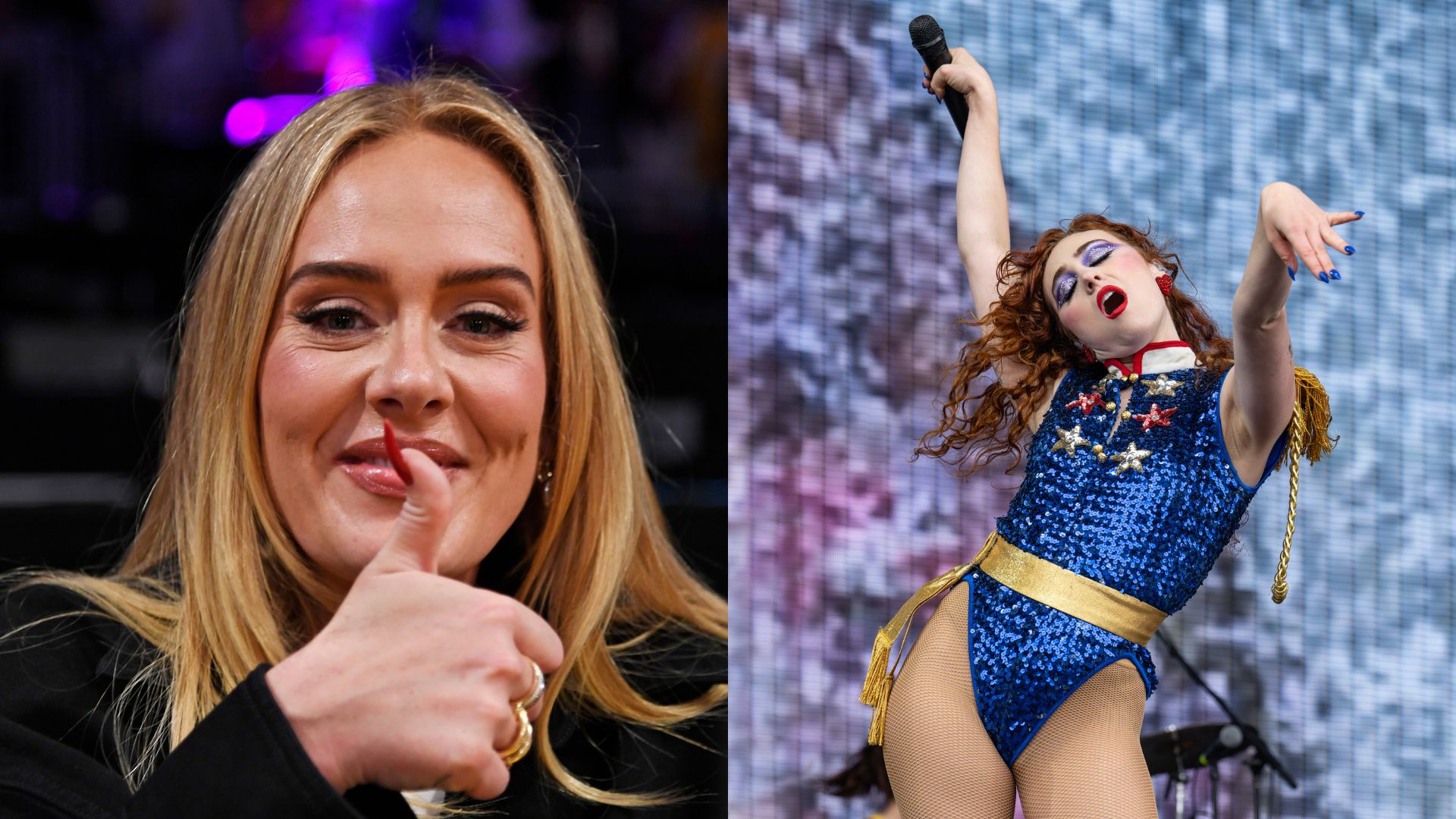 Links: Adele besucht das dritte Spiel der Western Conference Finals zwischen den Los Angeles Lakers und den Denver Nuggets in der Crypto.com Arena am 20. Mai 2023 in Los Angeles; Rechts: Chappell Roan tritt an Tag 3 des Outside Lands Festival 2024 im Golden Gate Park am 11. August 2024 in San Francisco