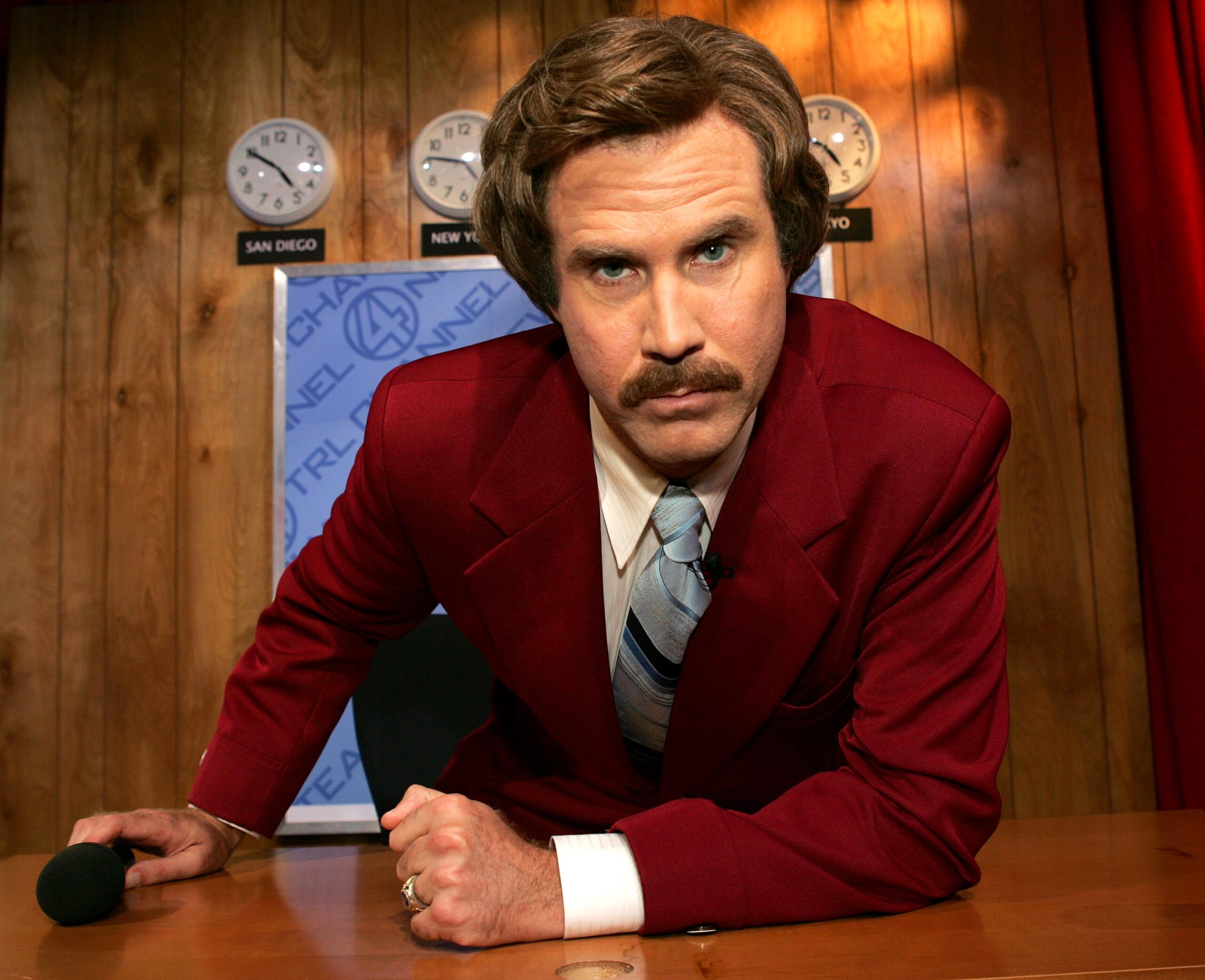 NEW YORK - JUNE 30: (U.S. TABS OUT) Actor Will Ferrell as "Ron Burgundy" from his new film "Anchorman" appears on stage during MTV TRL Times Square Film Festival Week at the MTV Times Square Studios June 30, 2004 in New York City. (Photo by Frank Micelotta/Getty Images)