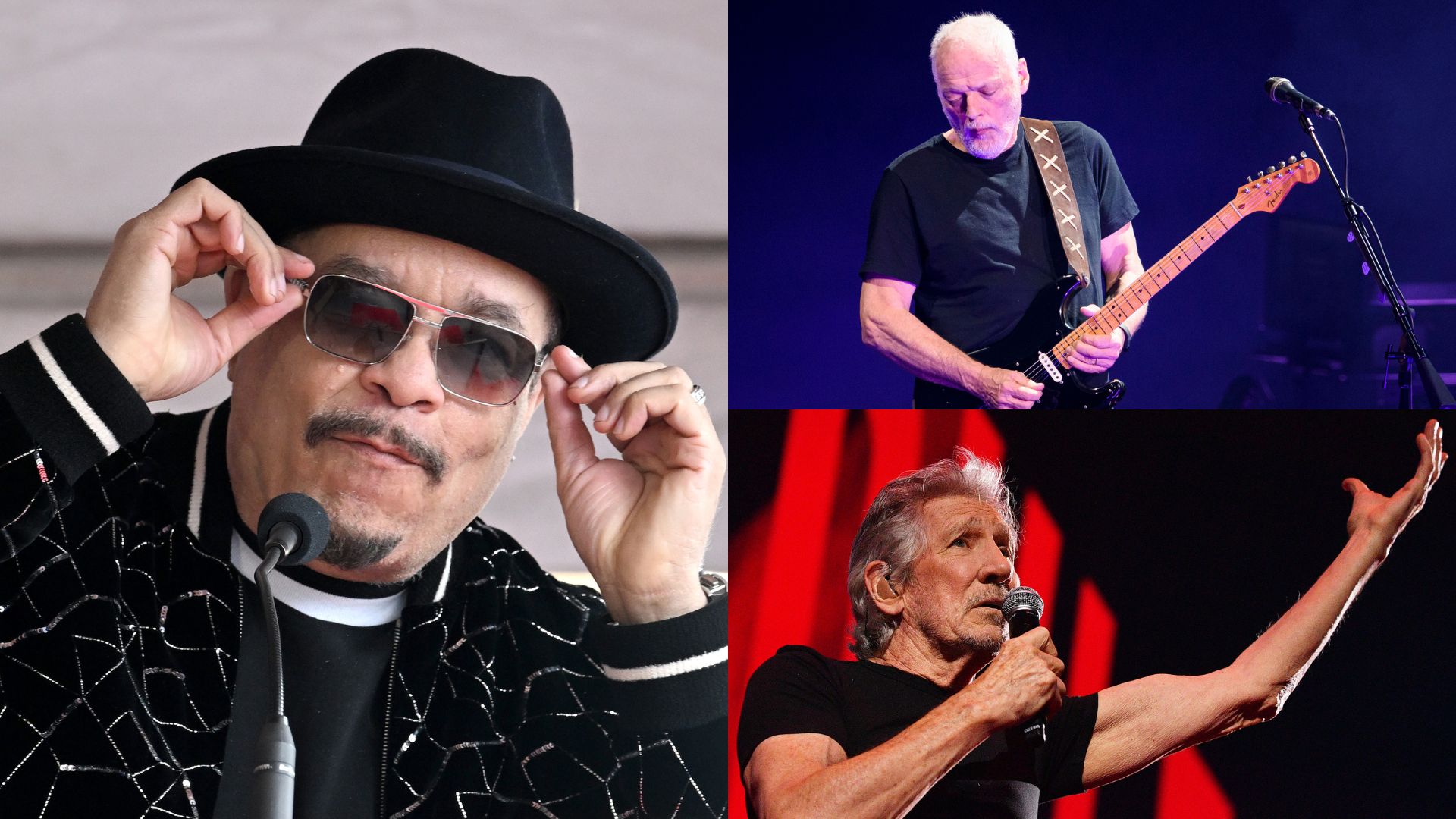 Links: Ice-T am 17. Februar 2023 in Hollywood, Rechts oben: David Gilmour im Madison Square Garden am 12. April 2016 in New York, Rechts unten: Roger Waters während der „This is Not A Drill“-Tour am 6. Juni 2023 in London