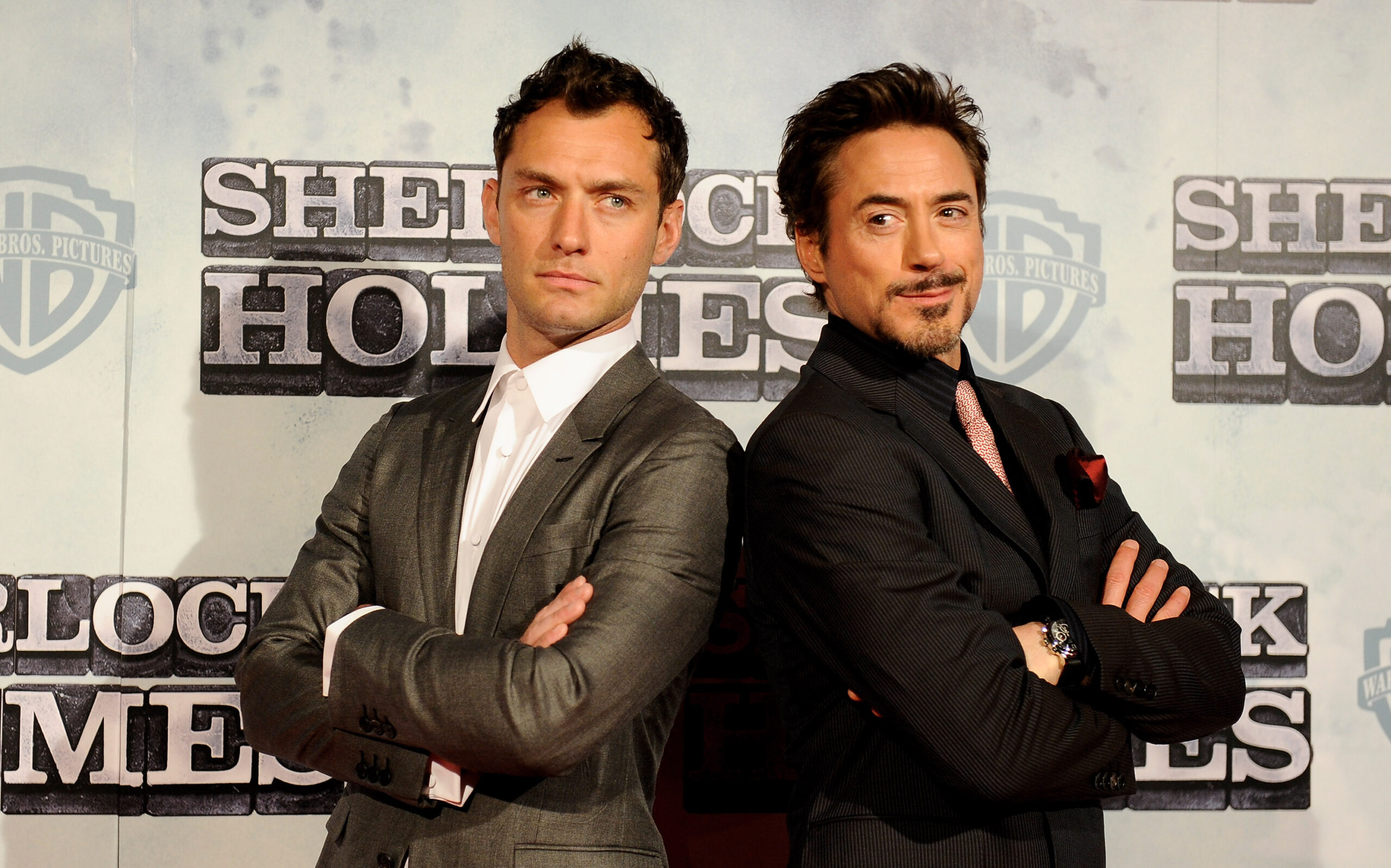 Jude Law (l.) und Robert Downey Jr auf der „Sherlock Holmes“-Premiere in Madrid, 2010